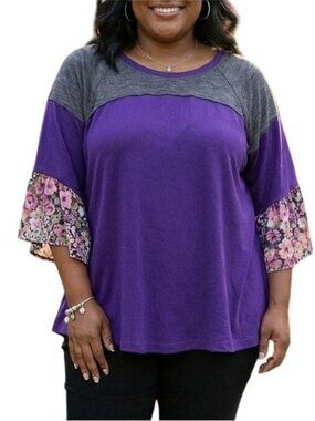 Caleoas Size XL Top Colorblock Raglan Sleeve Purple Blouse Patterned Bell Sleeve